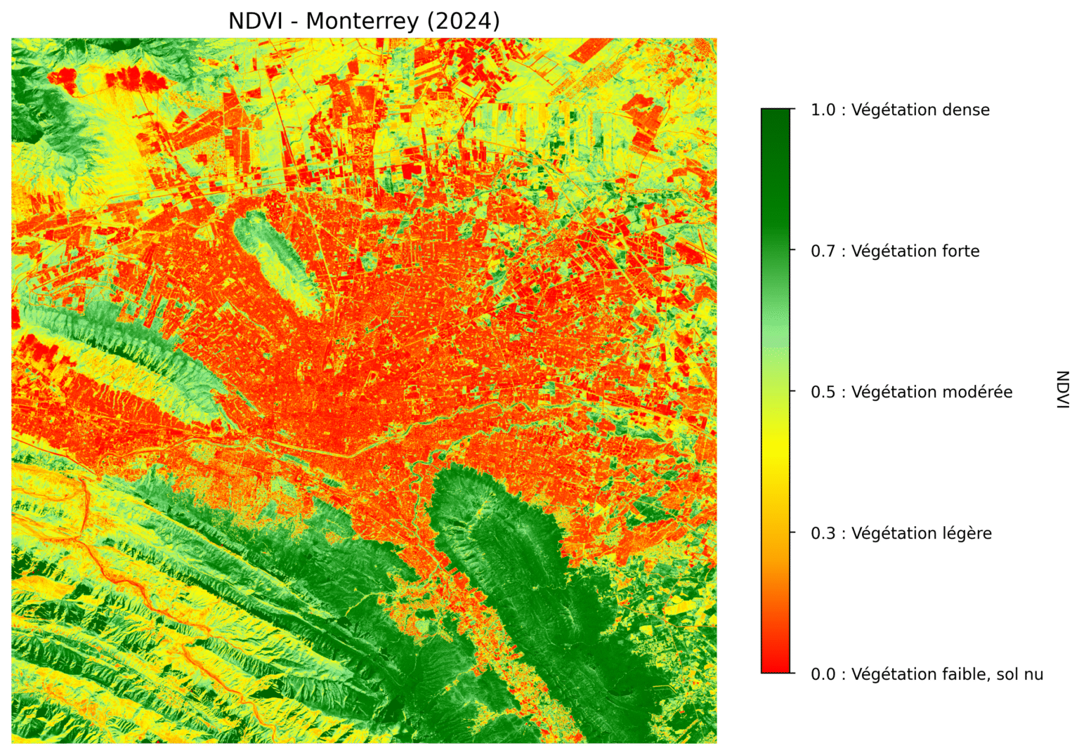 Carte NDVI 2024 de Monterrey montrant la couverture végétale par degré d’intensité, du rouge au vert.
